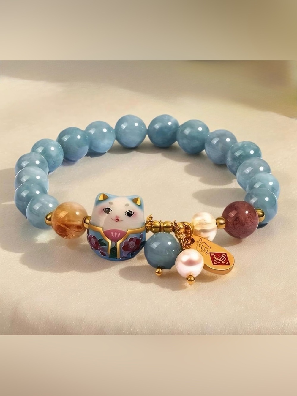 ❤️ Blue Lucky Cat Charm Beaded Bracelet Good Luck Themed Jewelry Handmade